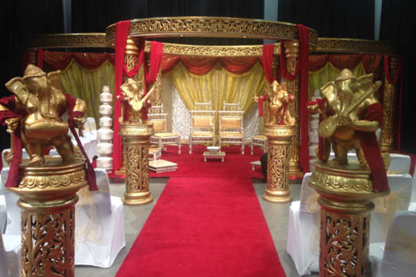 School hall set up for Indian wedding reception Leicester